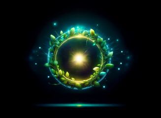 Poster - a luminous circle of verdant leaves glows brightly on a dark background. a central light source radi