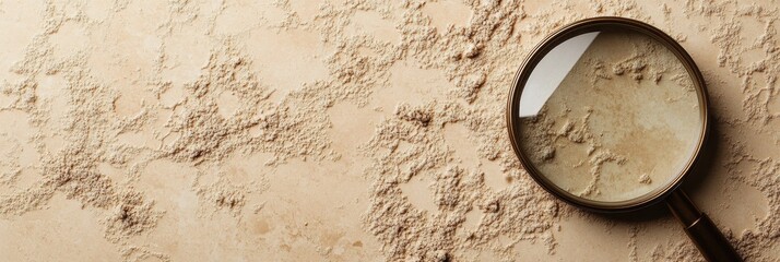 Fototapete - Magnifying glass revealing details of dry, flaky skin on textured surface in indoor setting. Generative AI