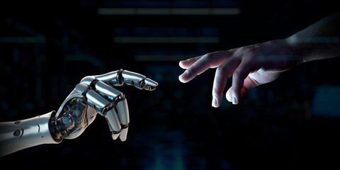 Fototapete - Robot finger about to touch human finger on dark background. Man hand going closer to cyborg hand. Generative ai robot hand