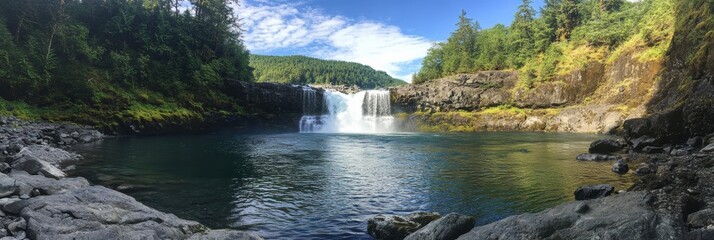 Leinwandbilder - Majestic waterfall cascading into serene pool surrounded by lush greenery in a bright afternoon setting. Generative AI
