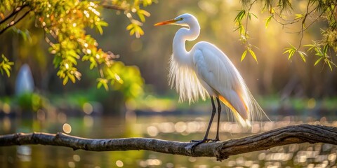 Wall Mural - A majestic Great Egret perches on a branch overhanging a tranquil pond, its feathers glistening in the sunlight as it surveys its surroundings, Wildlife, Tranquility