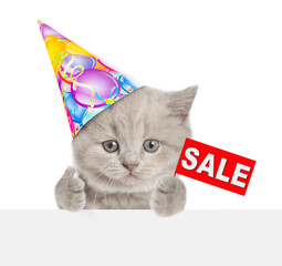 Poster - Cute kitten wearing party cap shows thumbs up gesture and signboard with labeled 