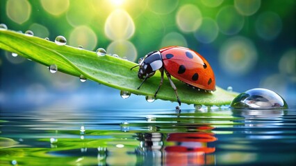 Wall Mural - Ladybug on a leaf reflected in water, with ripples and dew drops, close-up, peaceful,  close-up, peaceful, still life, green