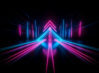 Canvas Print - vibrant neon arrow pointing upwards, emitting pink and blue light trails on a dark backdrop, creatin