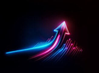 Wall Mural - neon arrow glowing pink and blue on a black backdrop. it points upward, suggesting growth and a futu