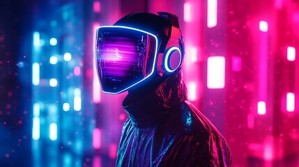 Wall Mural - Neon Cyberpunk: Futuristic Figure in Glowing Cityscape