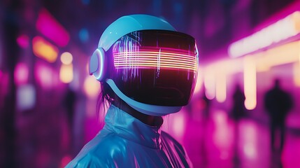 Wall Mural - Neon Cyberpunk Cityscape: Futuristic Woman in Glowing Helmet