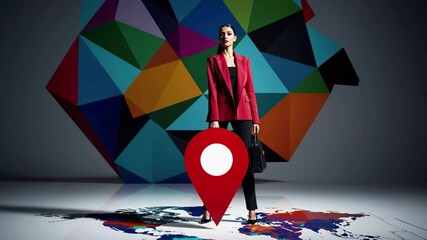 Wall Mural - businesswoman holding a large red location pin while standing on a world map with a colorful abstrac