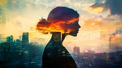 Wall Mural - City Dreamscape: A Woman's Silhouette at Sunset Over a Vibrant Metropolis