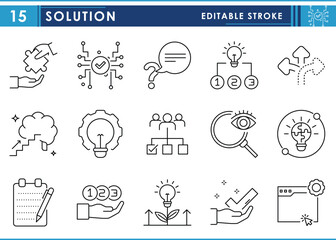 Wall Mural - A set of line icons related to Solution. Solve, problem, business, inspect, choice, decision, way, idea, notes, and so on. Vector editable stroke.