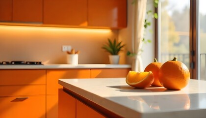 Wall Mural - Illuminated orange kitchen countertop with orange cabinetry and close up on glass cooktail orange on marble