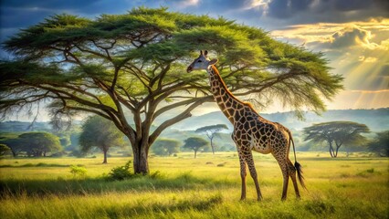 Wall Mural - Lone Giraffe Beside Acacia Tree in Serene African Landscape