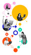 © master1305 - Five people interacting with laptops and mobile devices through interconnected digital bubbles, showing engagement in virtual discussions, online learning, and digital collaboration. Art collage