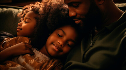 Black father relaxing with daughters in warm light portrait image. Quiet time. Comforting african american dad girls nap picture photorealistic. Fatherhood concept photo realistic