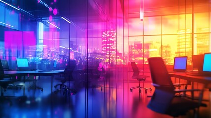 Wall Mural - Neon Nightscape: Modern Office with City View