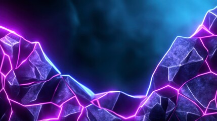 Wall Mural - Abstract geometric shapes, dark background, vibrant purple and blue neon lights, textured polygonal forms resembling rocks or mountains, digital art