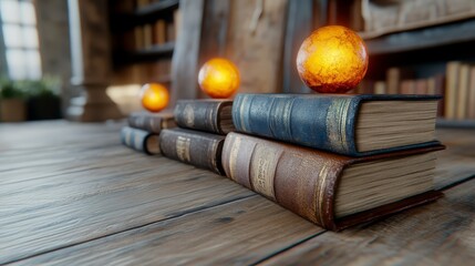 Sticker - Stacked antique books on a wooden table, with glowing orbs atop them, in a dimly lit room with bookshelves in the background. The books have aged