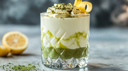 Wall Mural - A sophisticated Greek yogurt parfait in a geometric-patterned glass, garnished with a perfectly curled lemon twist and a sprinkle of matcha powder