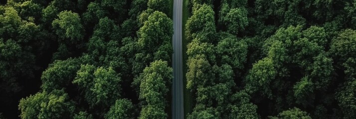 Aufkleber - Straight road winding through dense green forest inviting exploration and adventure on a sunny day. Generative AI