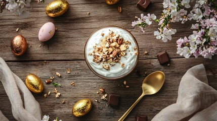 Wall Mural - A warm, inviting Easter table featuring a Greek yogurt parfait, a golden spoon resting on the side, and decorative egg-shaped chocolates scattered around