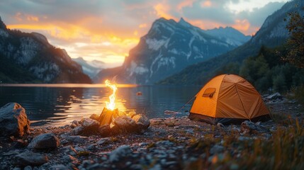 burning fire next to camp tent, near lake or river in mountain valley goes into the distance