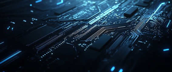 Wall Mural - close-up of a circuit board with glowing blue lines.
