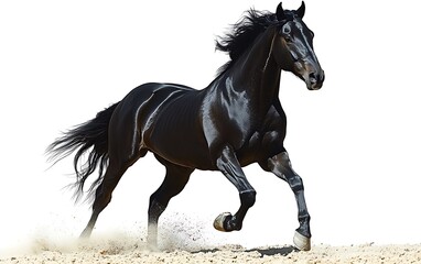 Black horse running, isolated, on white background, for use in equestrian or wild animal displays