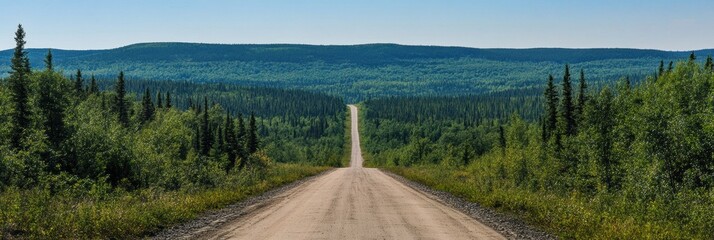 Poster - Road through a lush forest leads into the horizon on a clear sunny day. Generative AI