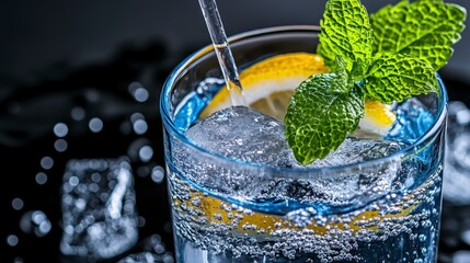 Wall Mural - Close up view of a refreshing, light blue sparkling water drink garnished with fresh lemon and mint leaves. Ice cubes and water droplets are visible