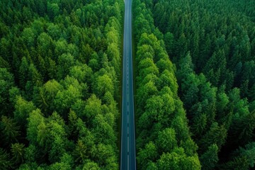 Poster - Straight road leading through thick green forest invites exploration and adventure in nature. Generative AI