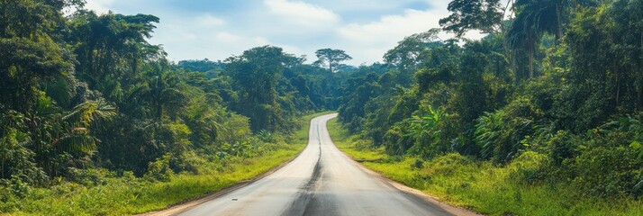 Aufkleber - Straight road stretches into lush green forest under a cloudy sky revealing natures beauty on an overcast day. Generative AI