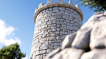 Poster - Stone tower, light gray, outdoor, bright sunny day, against a clear blue sky with some clouds, stonework detail, tower is central, foreground