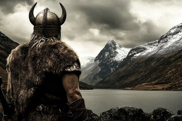 Epic digital illustration of a Viking warrior from the back.