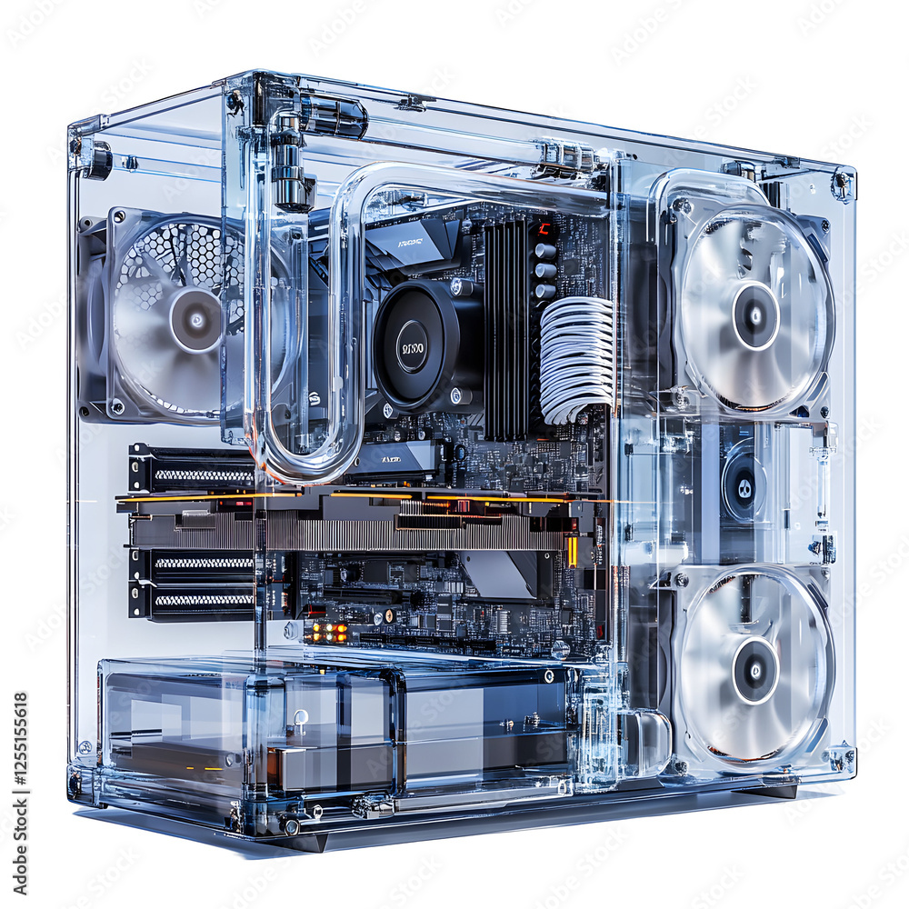 Transparent Hardware Computer Transparent PC Case showcasing internal components, isolated on white ...