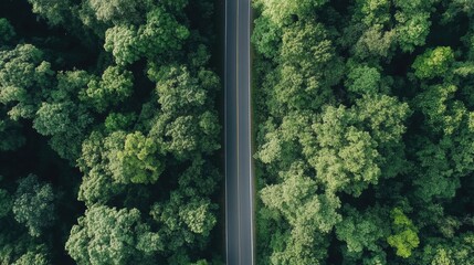 Poster - Straight road winding through lush green forest leading to an unknown destination under a clear blue sky. Generative AI