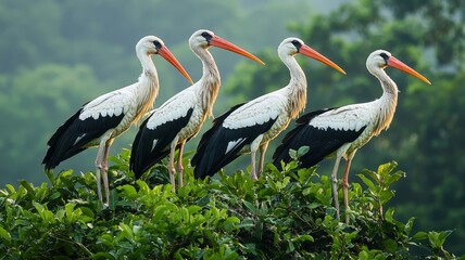 World wildlife day with conservation and awareness idea. Four storks perched on lush greenery in a serene setting