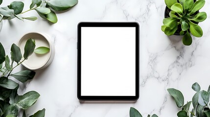 Canvas Print - Tablet on marble surface with plants, blank screen, home office