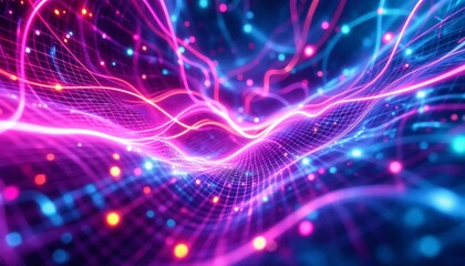 Wall Mural - abstract neon grid landscape, energetic flow and dynamic light streaks