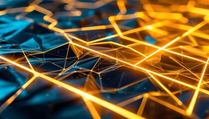 Wall Mural - abstract network, golden lines illuminate a dark blue polygonal landscape