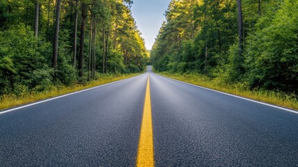 Poster - Straight road through a dense forest surrounded by greenery and sunlight on a clear day in a peaceful location. Generative AI