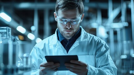 Leinwandbilder - Technicians review energy consumption and production efficiency statistics on a tablet in a high-tech factory, while automatic machines run smoothly in the background.