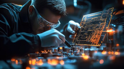 Aufkleber - A professional multimeter and precision tools are used by a circuit board technician to measure electrical current on a complex microchip in a futuristic electronics lab.