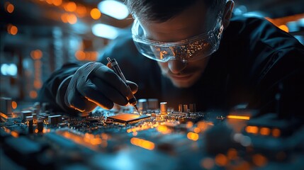 Aufkleber - A professional multimeter and precision tools are used by a circuit board technician to measure electrical current on a complex microchip in a futuristic electronics lab.