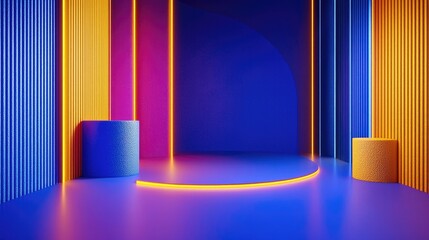 Poster - Curved abstract backdrop with neon blue, purple, and yellow hues accented by golden details, perfect for bold and energetic designs.
