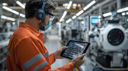 Leinwandbilder - An assembly line supervisor, is reviews error detection metrics on a tablet while overseeing an automated assembly line to produce high-technology components.