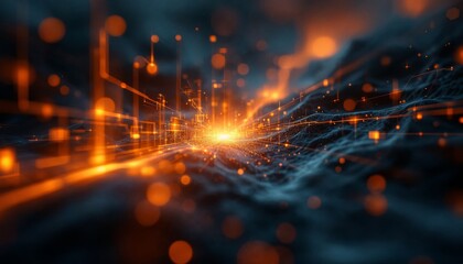 Wall Mural - data stream flowing through network infrastructure with orange light and wave texture