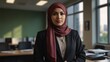 © Rizki Gusti Pratama - A realistic photo of a Muslim woman wearing a hijab, standing in her workplace. She is dressed in formal attire suitable for her managerial position and has no makeup.