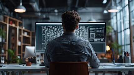 An engineer in a casual shirt carefully examines the structural integrity of a steel frame on his monitor.