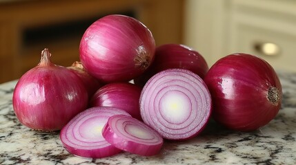 Wall Mural - Red onions, whole and sliced, on countertop.