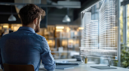 Aufkleber - In a glass-walled office, a structural engineer is looking at stress distribution on a digital model.